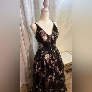 Crystal Doll Elegant Black and Pink Floral Dress